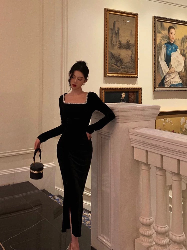 Sexy Mermaid Square Neckline Black Velvet Slit Prom Dresses Birthday Outfits