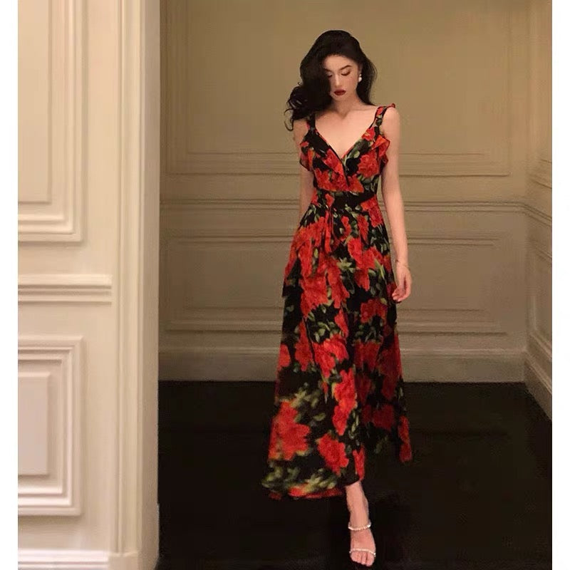 Sexy A Line Straps Sleeveless Red Floral Ruffle Chiffon Prom Dresses Birthday Outfits