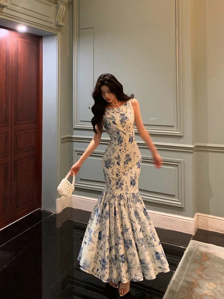 Sexy Sheath Boat Sleeveless Blue Floral Ruffle Long Prom Dresses Birthday Outfits - View 5 | FashionDia
