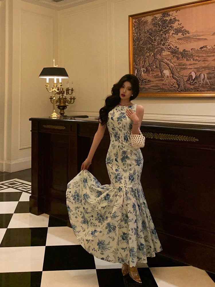 Sexy Sheath Boat Sleeveless Blue Floral Ruffle Long Prom Dresses Birthday Outfits - View 3 | FashionDia