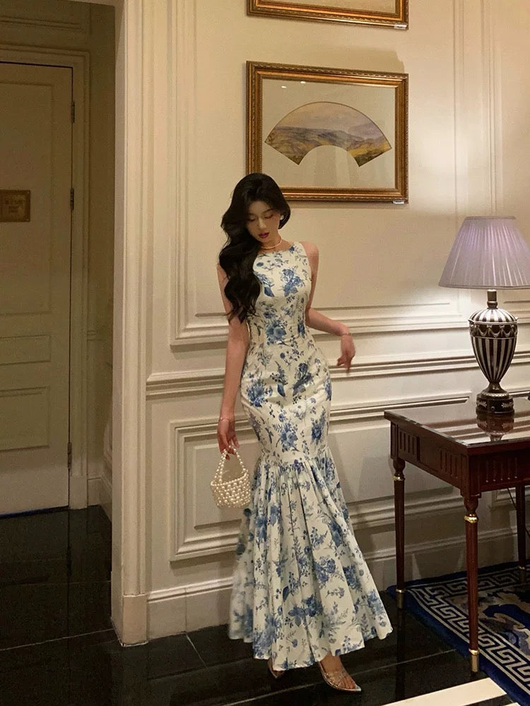 Sexy Sheath Boat Sleeveless Blue Floral Ruffle Long Prom Dresses Birthday Outfits - View 2 | FashionDia