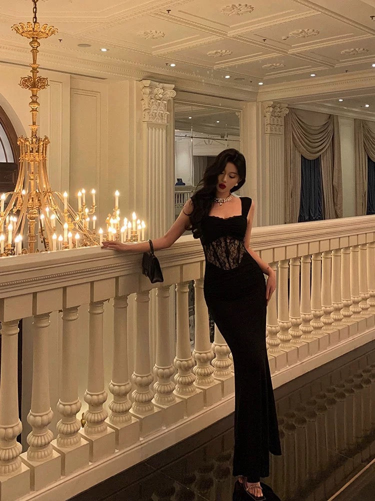 Sexy Sheath Straps Sleeveless Black Ankle Length Lace Prom Dresses Birthday Outfits