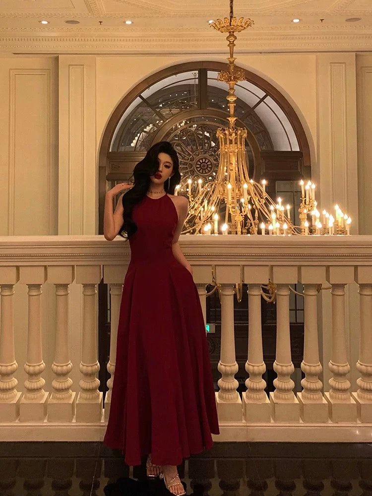 Sexy A Line Boat Neckline Sleeveless Burgundy Ankle Length Prom Dresses Birthday Outfits