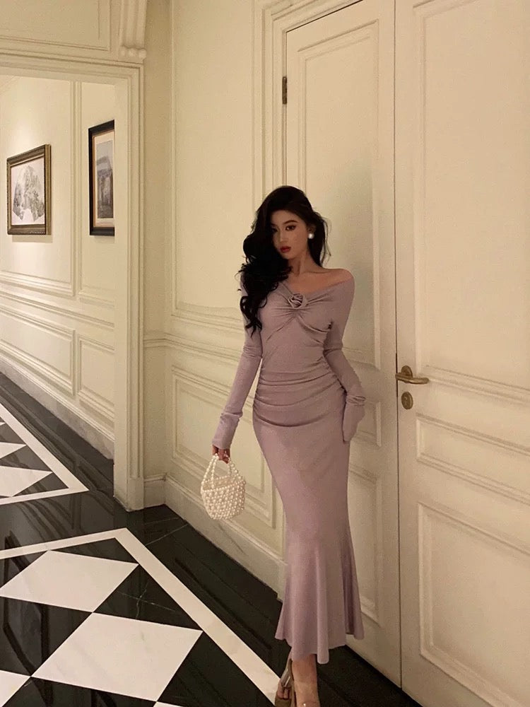 Sexy Sheath Long Sleeves Lilac Tea Length Prom Dresses Birthday Outfits