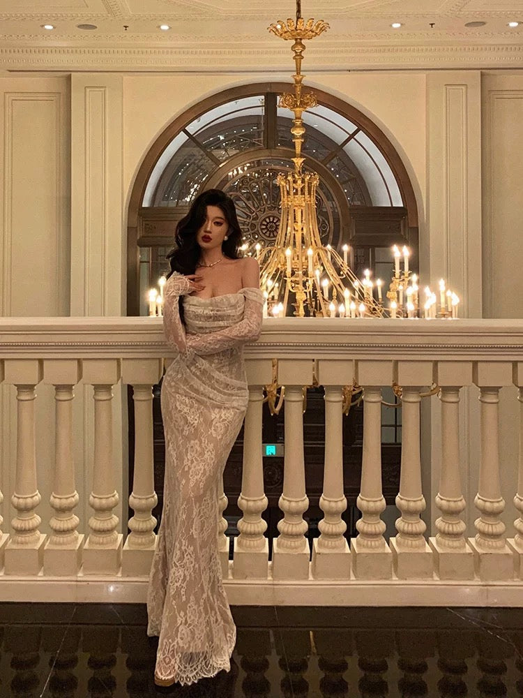 Gorgeous Mermaid Off The Shoulder Long Sleeves Date Night Dress White Prom Dresses Birthday Outfits