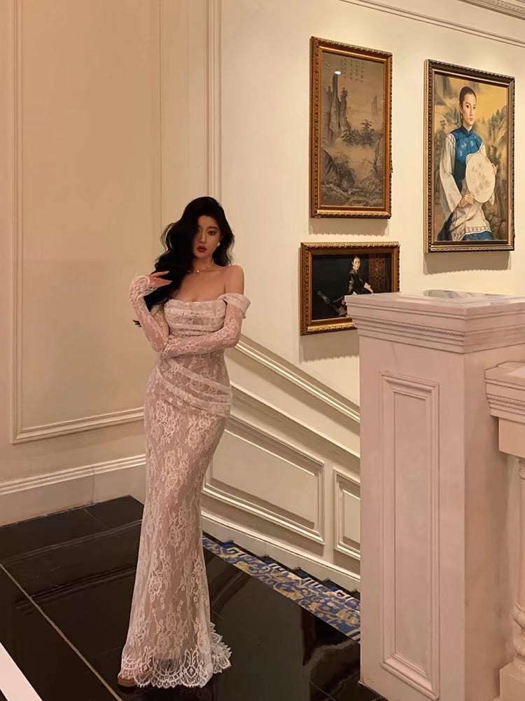Gorgeous Mermaid Off-the-Shoulder Long Sleeves Date Night Dress White Prom Dresses Birthday Outfits - View 5 | FashionDia