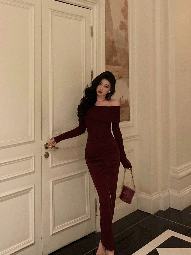 Gorgeous Mermaid Off-the-Shoulder Long Sleeves Date Night Dress Burgundy Prom Dresses Birthday Outfits - View 5 | FashionDia