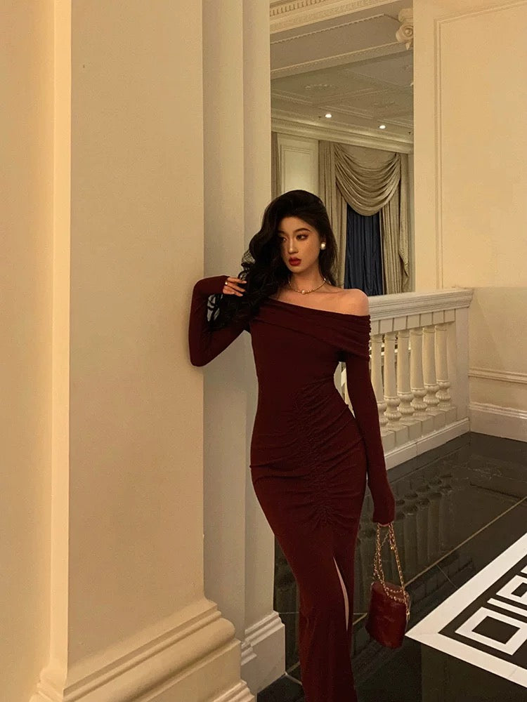 Gorgeous Mermaid Off-the-Shoulder Long Sleeves Date Night Dress Burgundy Prom Dresses Birthday Outfits - View 2 | FashionDia