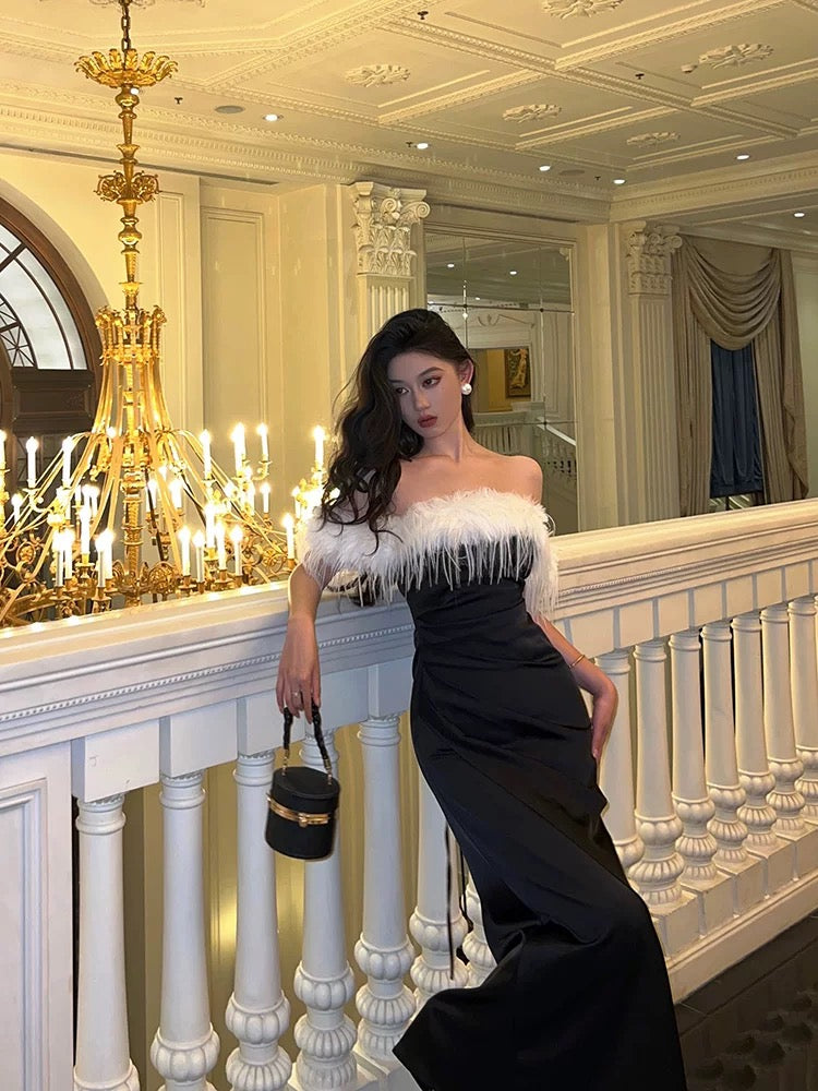 Sexy Sheath Off The Shoulder Short Sleeves Black Slit Satin Prom Dresses Birthday Outfits