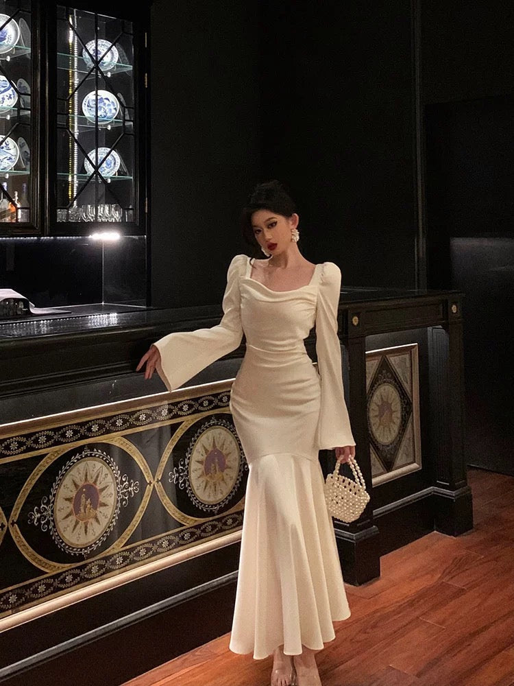 Gorgeous Mermaid Square Neckline Long Sleeves Date Night Dress White Prom Dresses Birthday Outfits