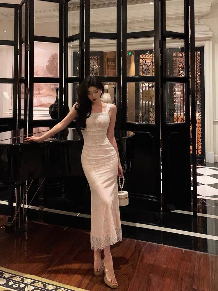 Sexy Sheath Straps Neckline Sleeveless White Lace Ankle Length Prom Dresses Birthday Outfits