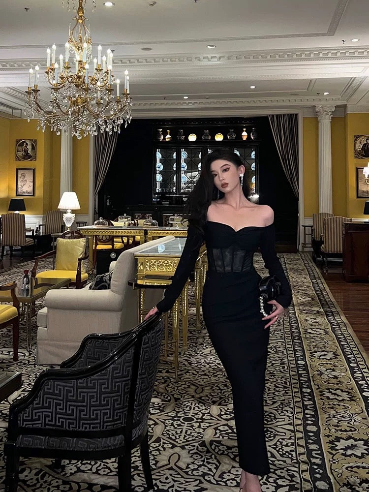 Gorgeous Mermaid Off-the-Shoulder Long Sleeves Date Night Dress Black Prom Dresses Birthday Outfits - View 4 | FashionDia