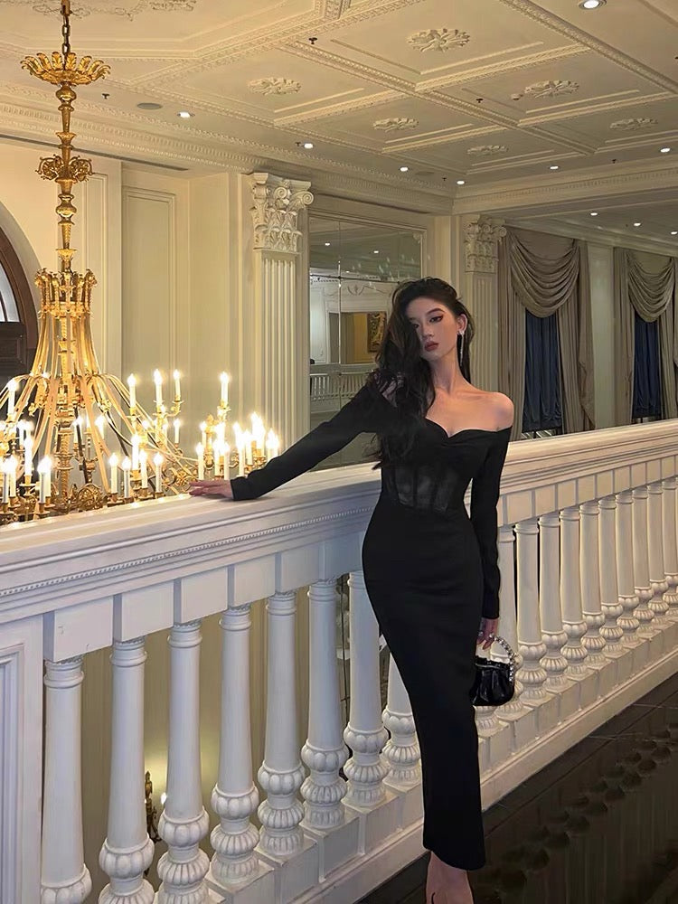 Gorgeous Mermaid Off-the-Shoulder Long Sleeves Date Night Dress Black Prom Dresses Birthday Outfits - FashionDia
