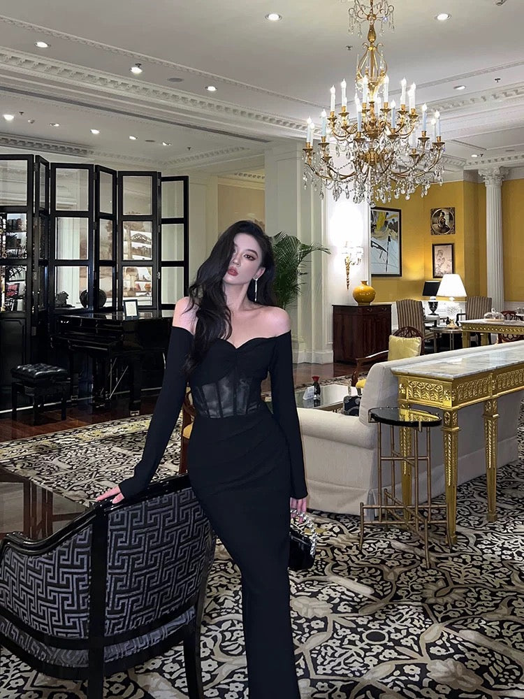 Gorgeous Mermaid Off-the-Shoulder Long Sleeves Date Night Dress Black Prom Dresses Birthday Outfits - View 3 | FashionDia