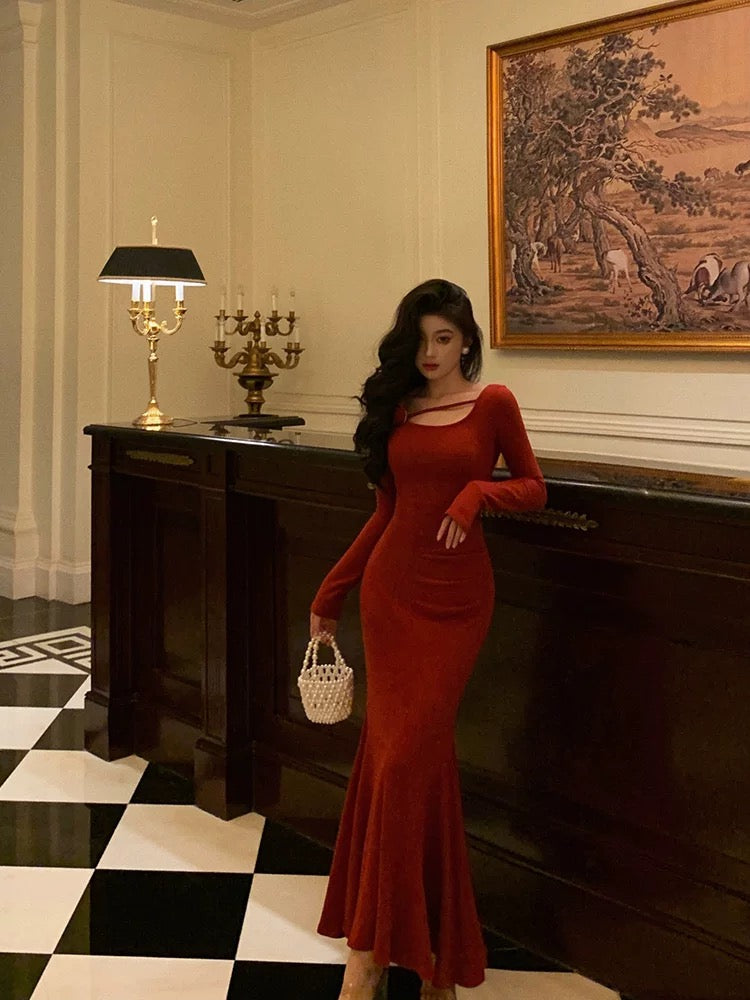 Gorgeous Mermaid Jewel Neckline Long Sleeves Date Night Dress Red Prom Dresses Birthday Outfits