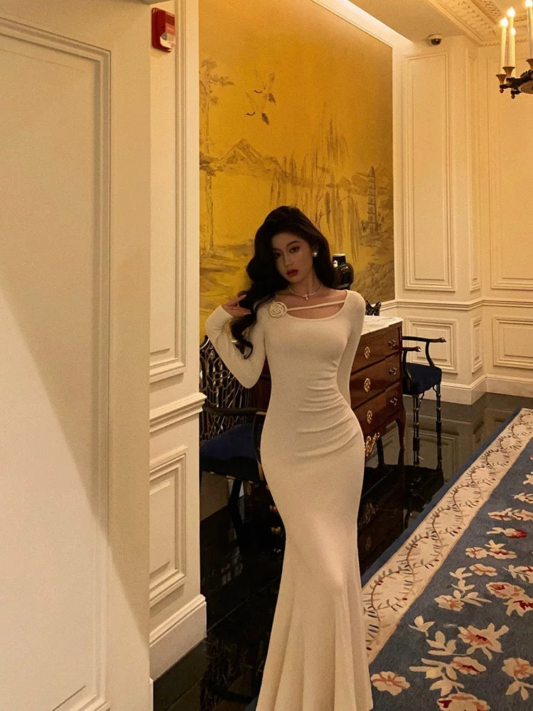 Gorgeous Mermaid Jewel Neckline Long Sleeves Date Night Dress White Prom Dresses Birthday Outfits - View 4 | FashionDia