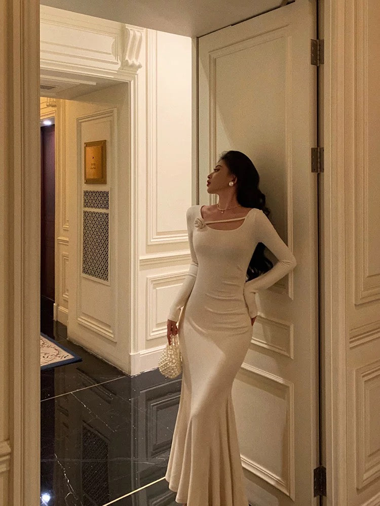 Gorgeous Mermaid Jewel Neckline Long Sleeves Date Night Dress White Prom Dresses Birthday Outfits