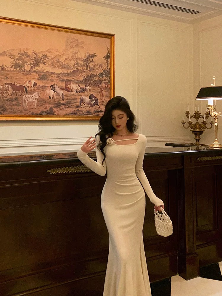 Gorgeous Mermaid Jewel Neckline Long Sleeves Date Night Dress White Prom Dresses Birthday Outfits - View 3 | FashionDia