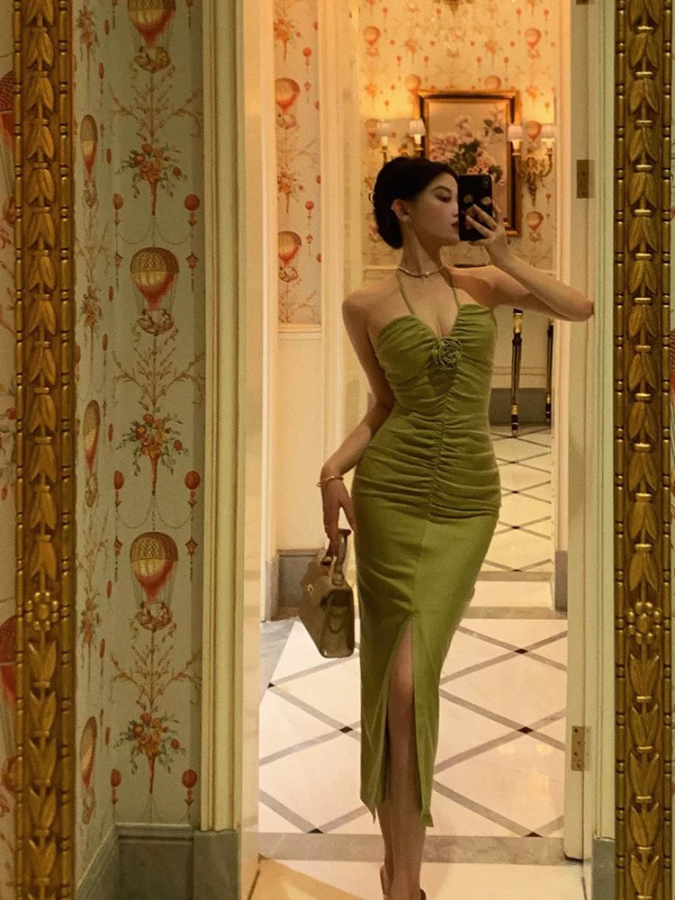 Sexy Sheath Halter Green Sleeveless Slit Tea Length Party Dresses Birthday Outfits