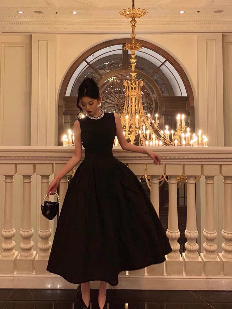 Vintage Ball Gown Jewel Sleeveless Black Satin Prom Dresses Birthday Outfits