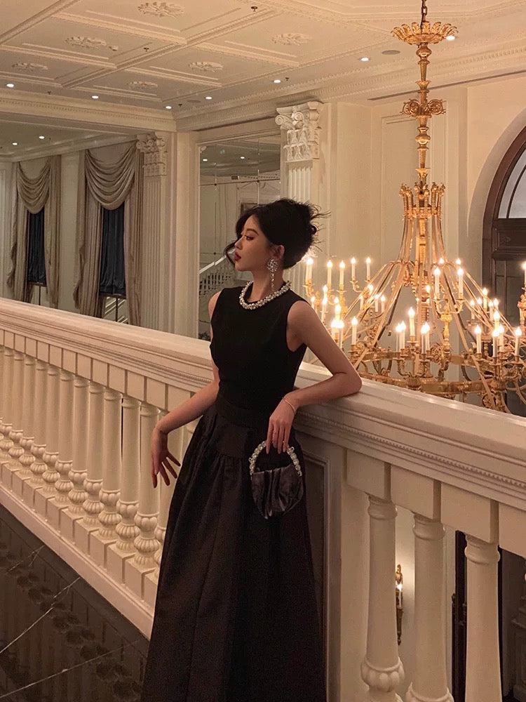 Vintage Ball Gown Jewel Sleeveless Black Satin Prom Dresses Birthday Outfits - View 2 | FashionDia