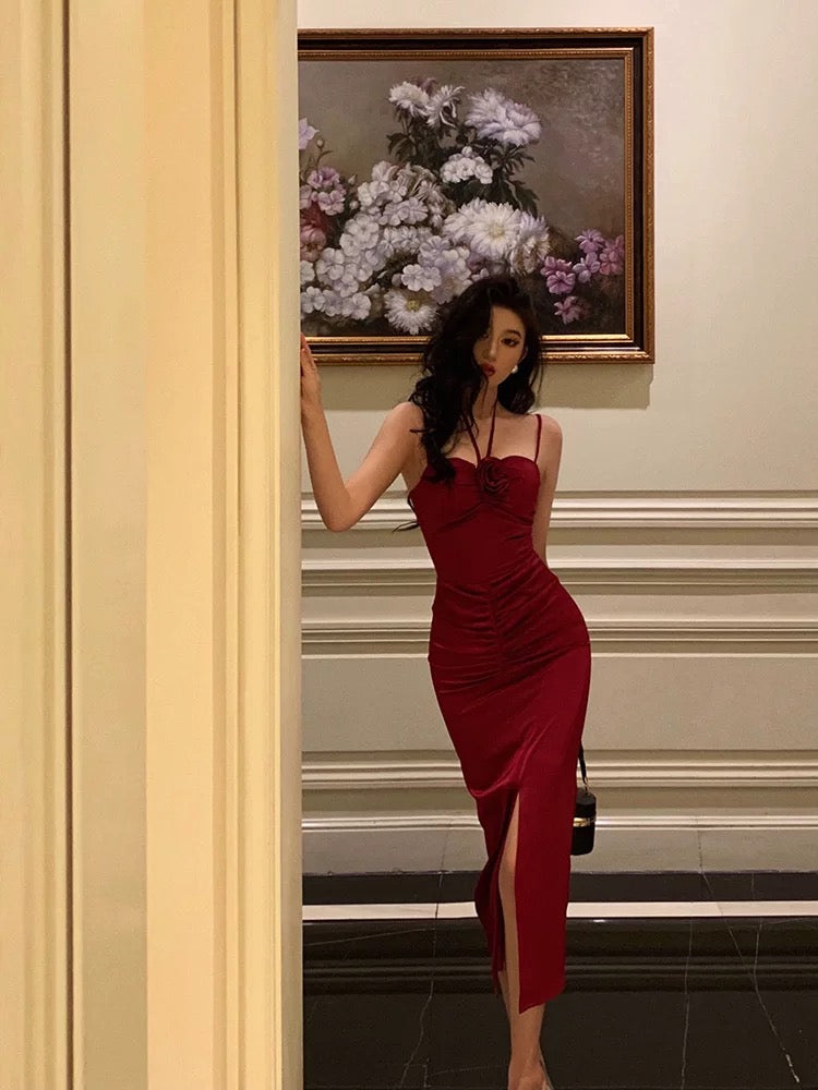 Sexy Sheath Spaghetti Straps Red Sleeveless Slit Tea Length Party Dresses Birthday Outfits