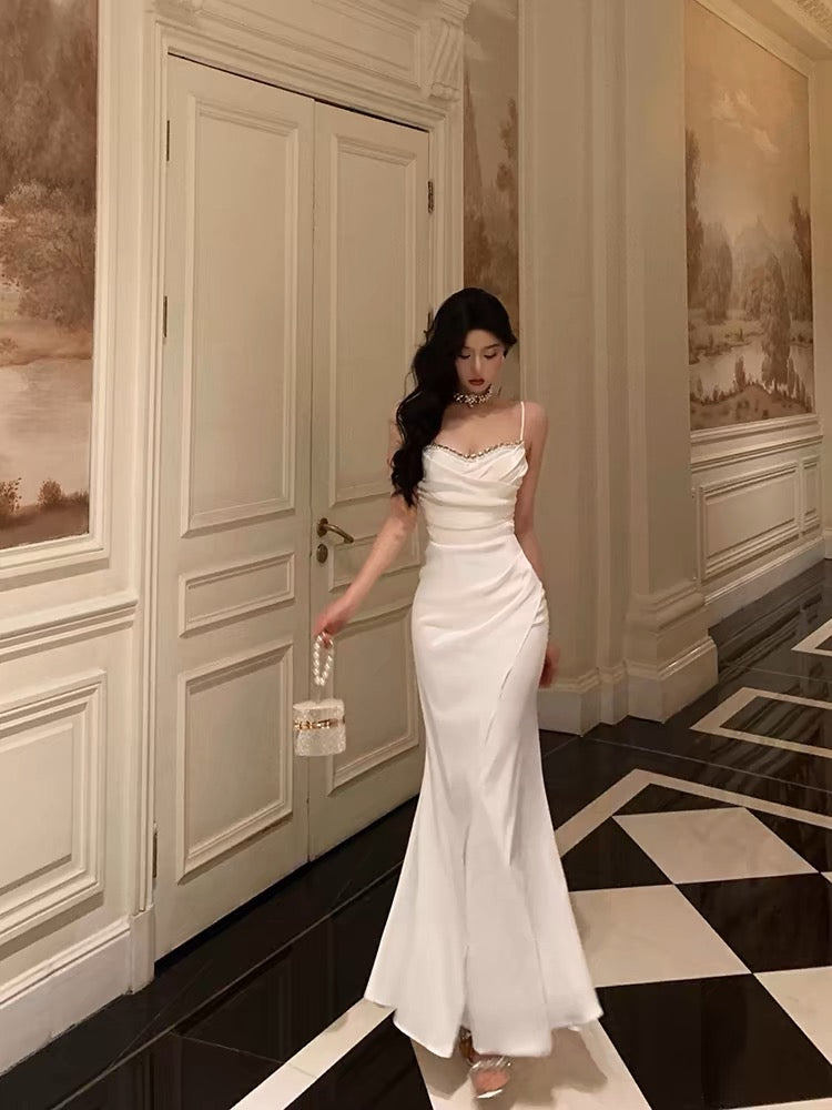 Sexy Mermaid Spaghetti Straps White Satin Slit Prom Dresses Birthday Outfits