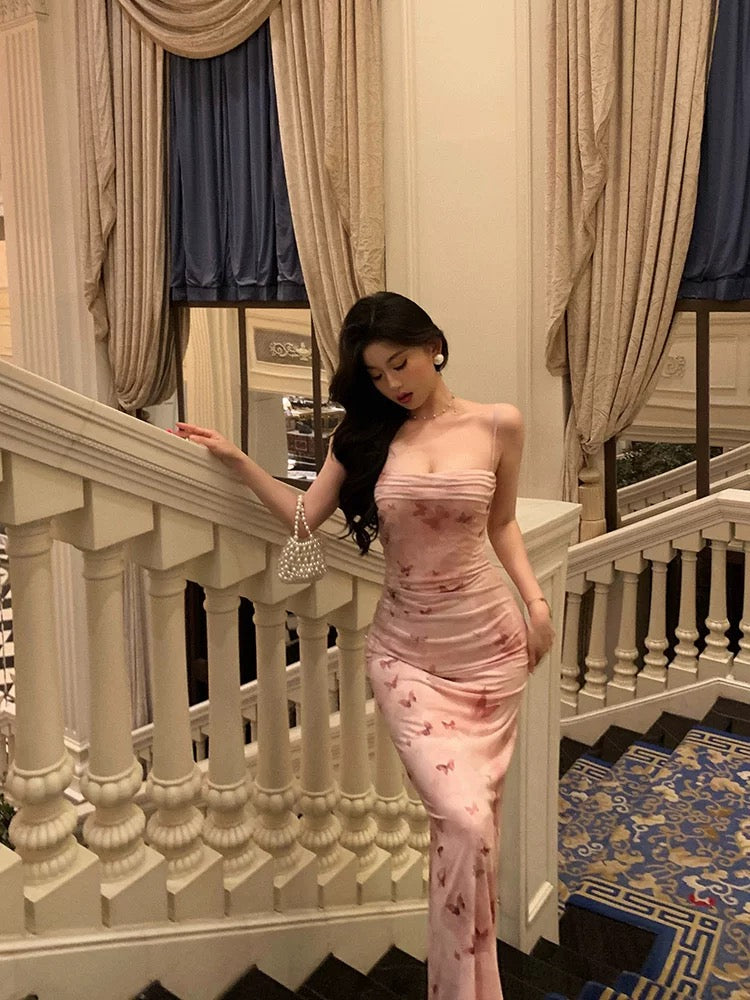 Sexy Mermaid Spaghetti Straps Floral Pink Prom Dresses Ankle Length Birthday Outfits - View 3 | FashionDia