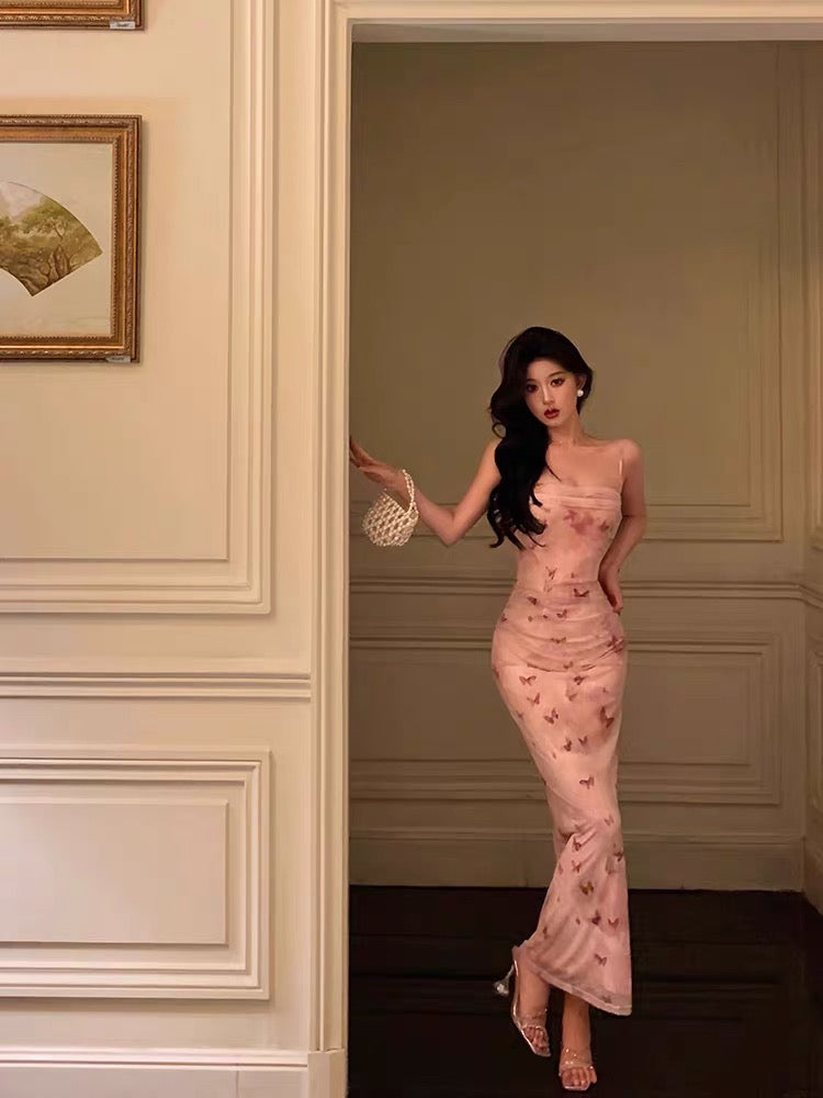 Sexy Mermaid Spaghetti Straps Floral Pink Prom Dresses Ankle Length Birthday Outfits - View 2 | FashionDia