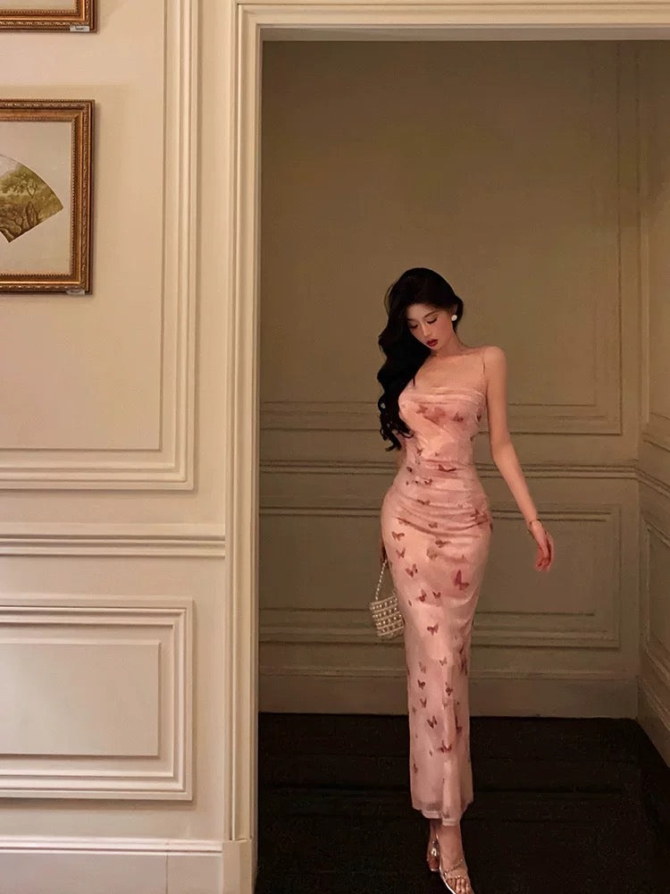 Sexy Mermaid Spaghetti Straps Floral Pink Prom Dresses Ankle Length Birthday Outfits - View 4 | FashionDia