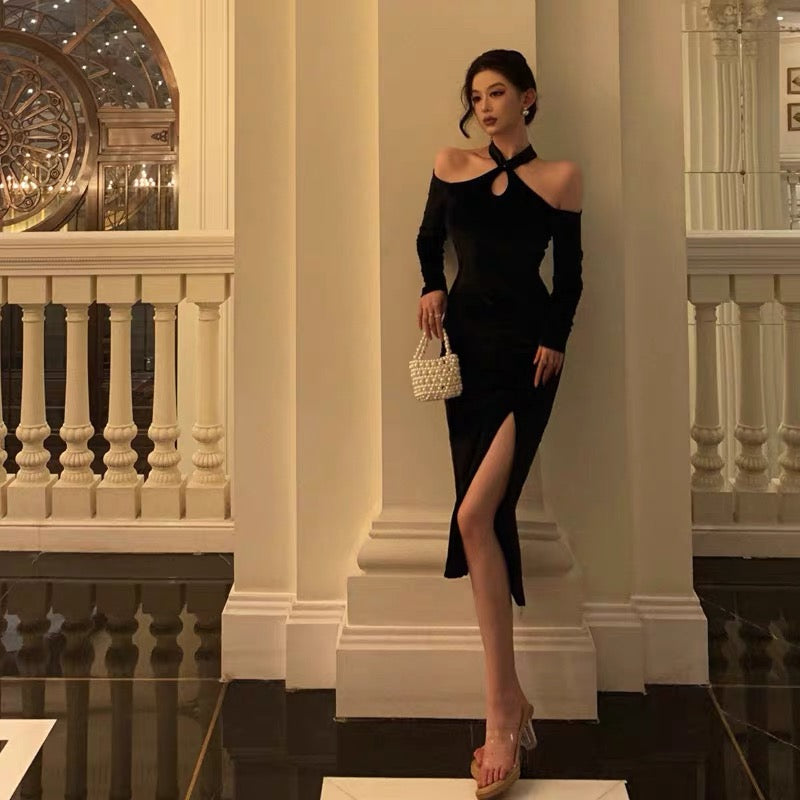 Sexy Sheath Halter Neckline Long Sleeves Black Knee Length Prom Dresses Birthday Outfits - View 6 | FashionDia