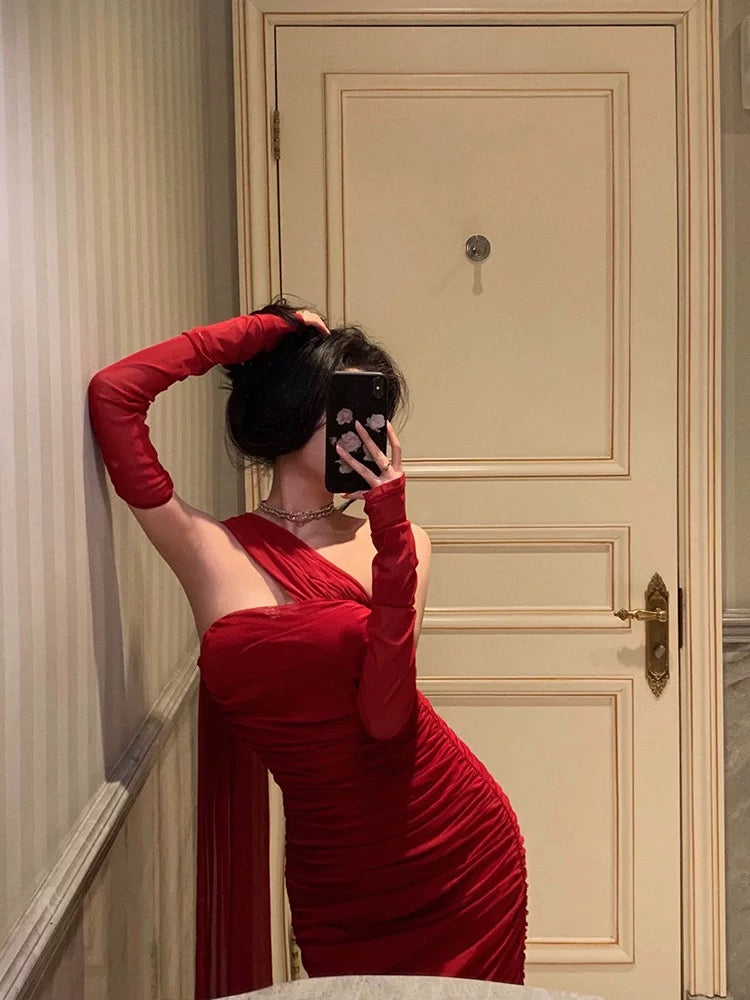 Gorgeous Sheath One-Shoulder Sleeveless Date Night Dress Red Ruffle Prom Dresses Birthday Outfits - View 4 | FashionDia
