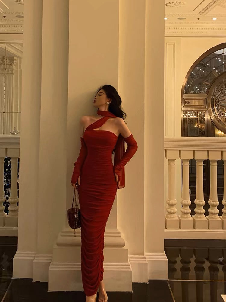 Gorgeous Sheath One Shoulder Sleeveless Date Night Dress Red Ruffle Prom Dresses Birthday Outfits