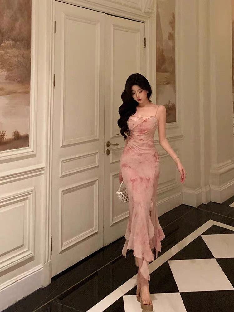 Sexy Sheath Spaghetti Straps Floral Pink Prom Dresses Tea Length Birthday Outfits