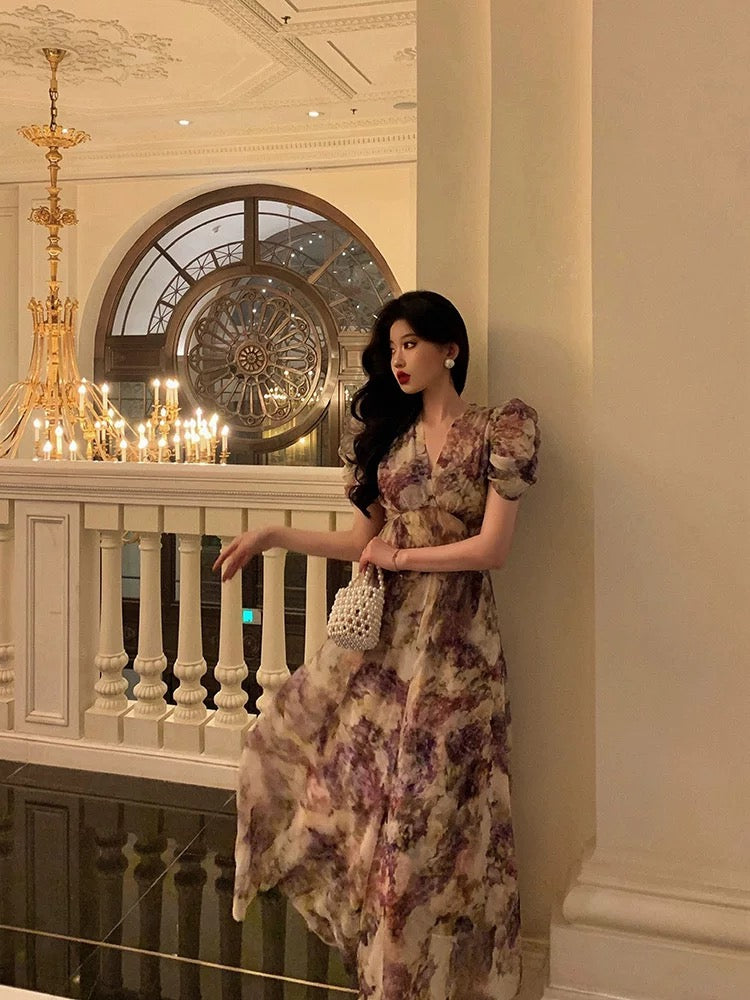 Gorgeous A-Line V Neckline Short Sleeves Date Night Dress Lilac Floral Prom Dresses Birthday Outfits - View 2 | FashionDia