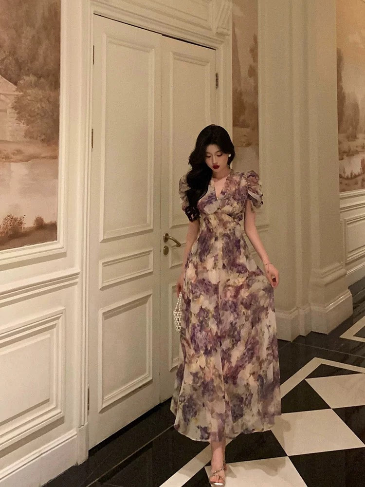 Gorgeous A-Line V Neckline Short Sleeves Date Night Dress Lilac Floral Prom Dresses Birthday Outfits - View 5 | FashionDia
