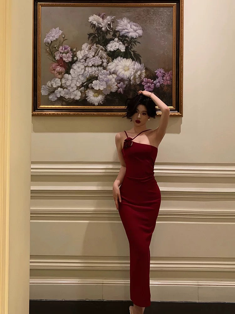 Sexy Sheath Halter Neckline Sleeveless Red Prom Dresses Birthday Outfits With Flower