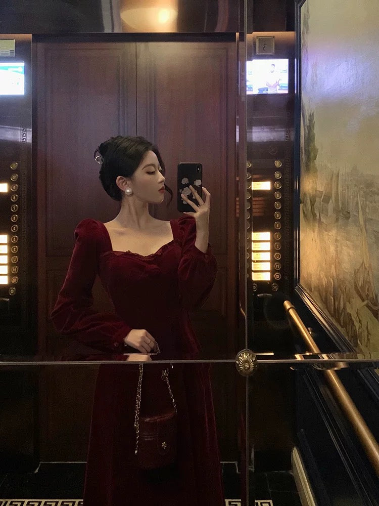Sexy A-Line Square Neckline Long Sleeves Tea-Length Velvet Prom Dresses Birthday Outfits - View 3 | FashionDia