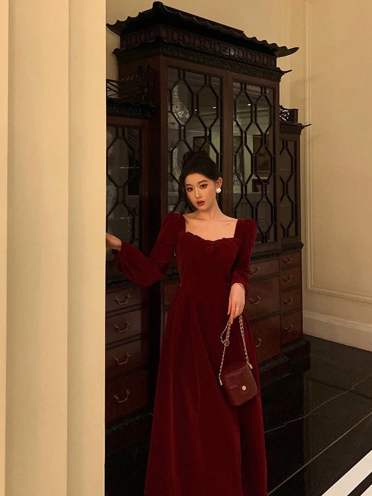 Sexy A-Line Square Neckline Long Sleeves Tea-Length Velvet Prom Dresses Birthday Outfits - View 2 | FashionDia