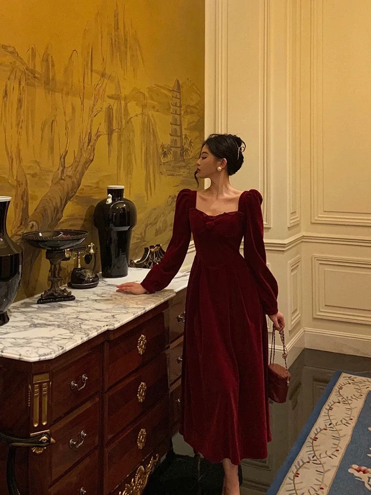 Sexy A-Line Square Neckline Long Sleeves Tea-Length Velvet Prom Dresses Birthday Outfits - View 5 | FashionDia