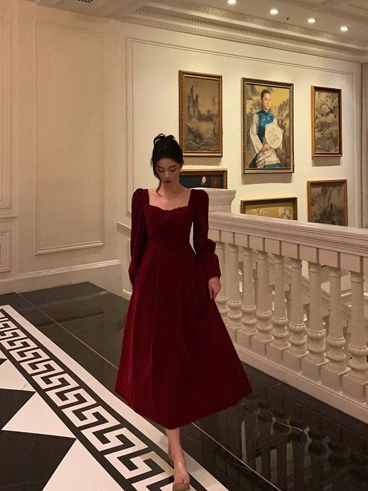 Sexy A-Line Square Neckline Long Sleeves Tea-Length Velvet Prom Dresses Birthday Outfits - View 4 | FashionDia