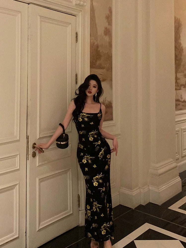 Sexy Mermaid Spaghetti Straps Floral Black Prom Dresses Ankle Length Birthday Outfits