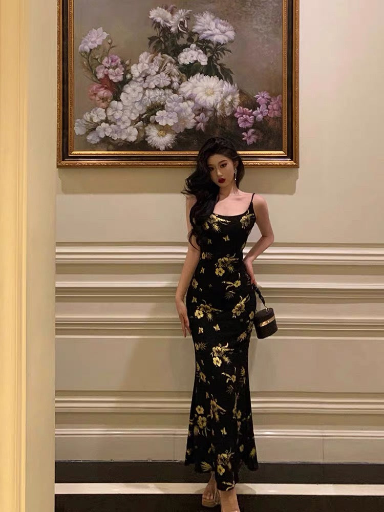 Sexy Mermaid Spaghetti Straps Floral Black Prom Dresses Ankle Length Birthday Outfits