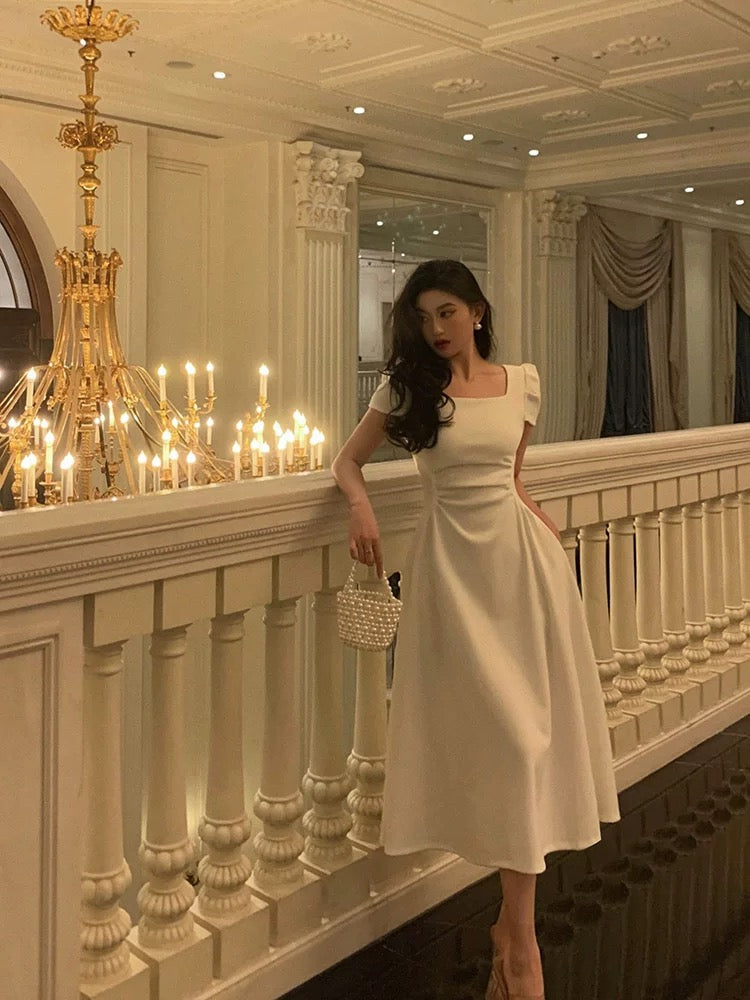 Gorgeous A-Line Short Sleeves White Date Night Dress Prom Dresses Birthday Outfits - View 3 | FashionDia