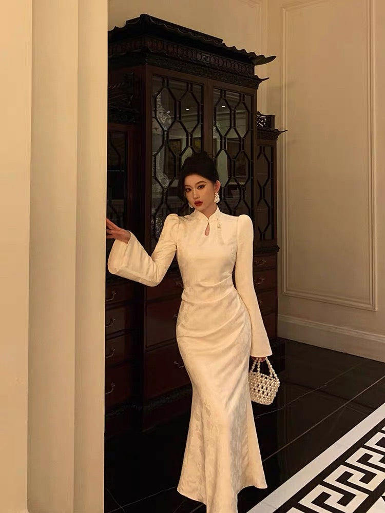 Classy Mermaid Mandarin Collar Long Sleeves White Lace Prom Dresses Birthday Outfits - FashionDia