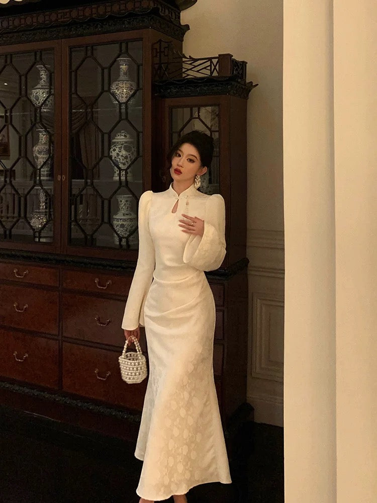 Classy Mermaid Mandarin Collar Long Sleeves White Lace Prom Dresses Birthday Outfits - View 5 | FashionDia