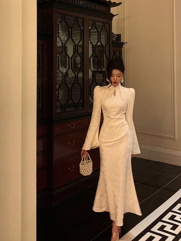 Classy Mermaid Mandarin Collar Long Sleeves White Lace Prom Dresses Birthday Outfits - View 3 | FashionDia