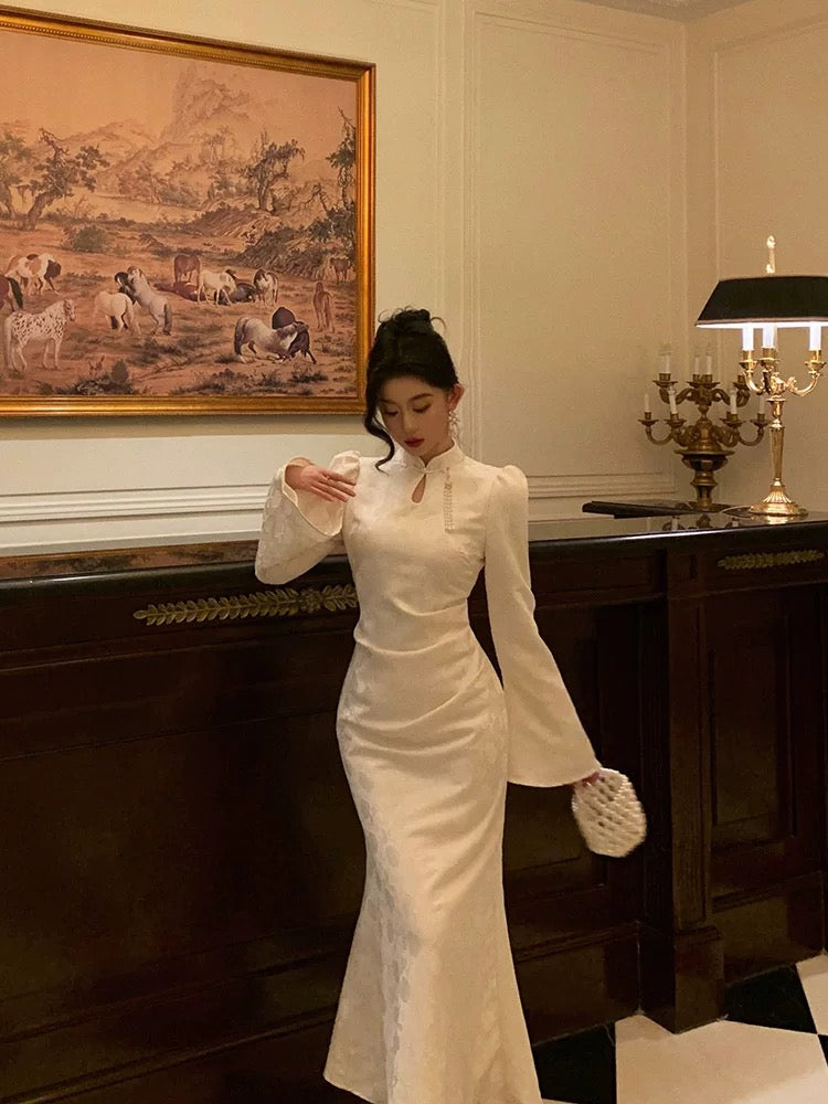 Classy Mermaid Mandarin Collar Long Sleeves White Lace Prom Dresses Birthday Outfits - View 2 | FashionDia