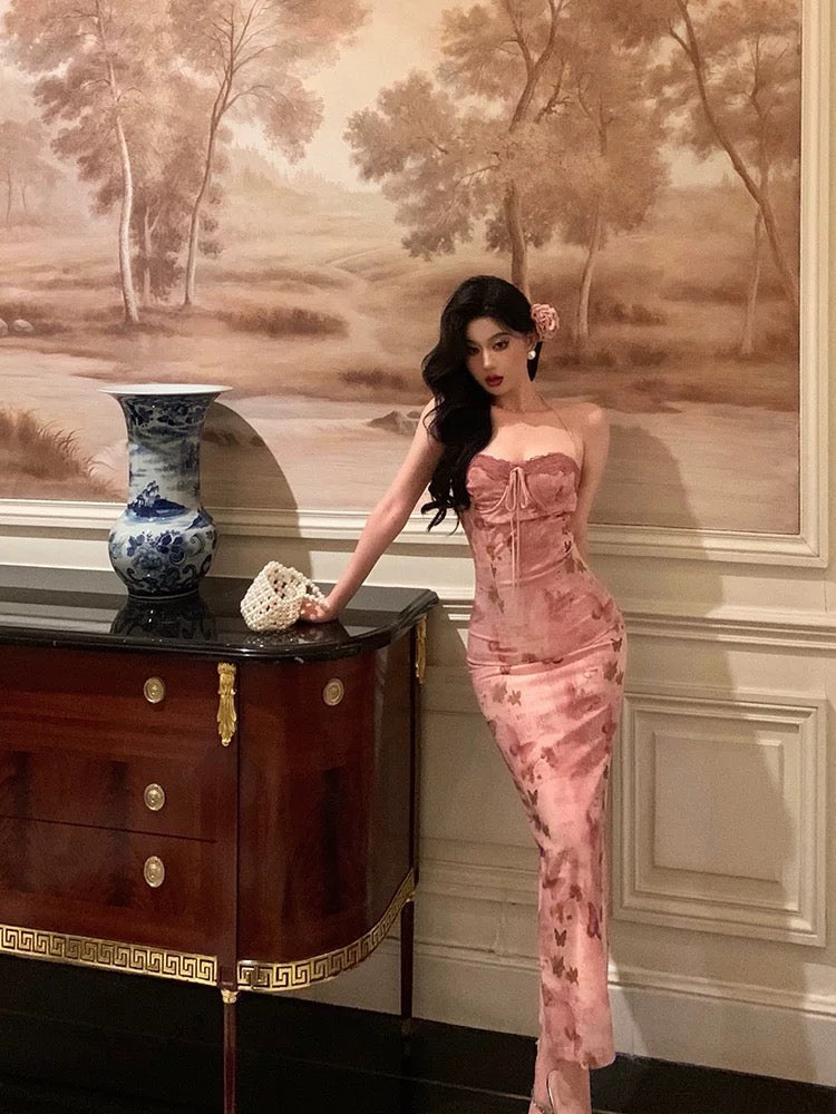 Classy Mermaid Spaghetti Straps Sleeveless Pink Floral Prom Dresses Birthday Outfits