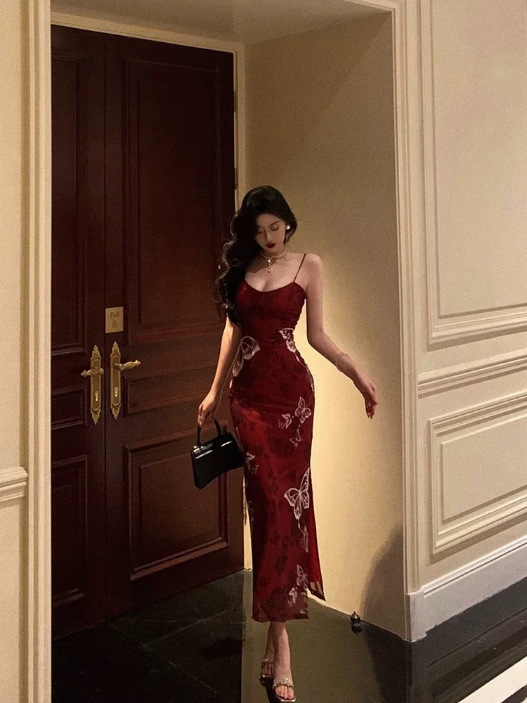 Classy Sheath Spaghetti Straps Burgundy Butterfly Prom Dresses Birthday Outfits